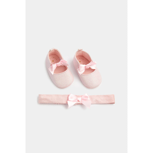 Pink Glitter Pram Shoes and Headband Set - EB872