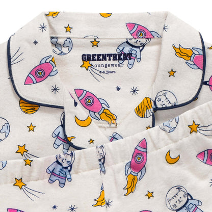 1 Pack Girls Greentreat Organic Cotton Space Cats Print Pyjama Set